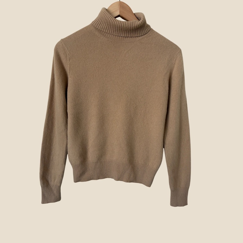 Lord & Taylor Petite Camel Tan 100% Cashmere Turtleneck Sweater PL Two Ply